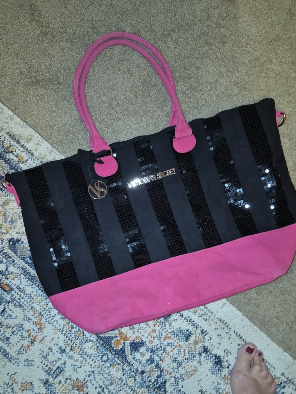 Victoria's Secret Black and Pink Sequin Stripe Tote